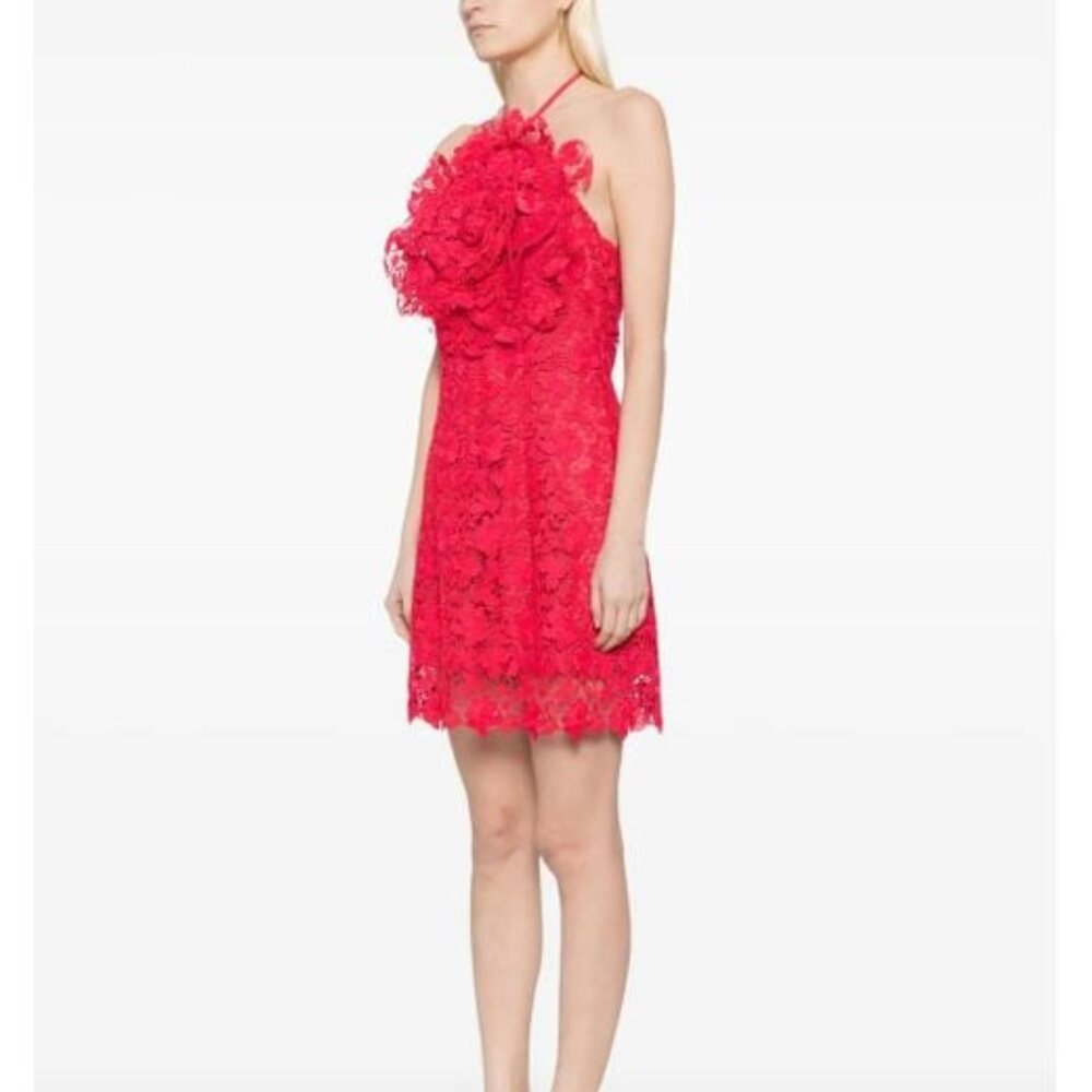 NEW OSCAR DE LA RENTA Women's Floral-Appliqué Lace Minidress in Red, Size 0